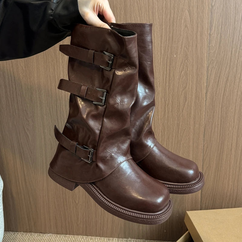 LBSFY -Designer Pleated Buckle Knight Boots Women Autumn Brown PU Leather Mid Calf Boots Woman Slip-On Thick Heel Riding Botas Mujer