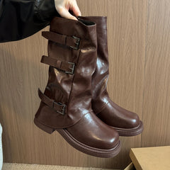 LBSFY -Designer Pleated Buckle Knight Boots Women Autumn Brown PU Leather Mid Calf Boots Woman Slip-On Thick Heel Riding Botas Mujer