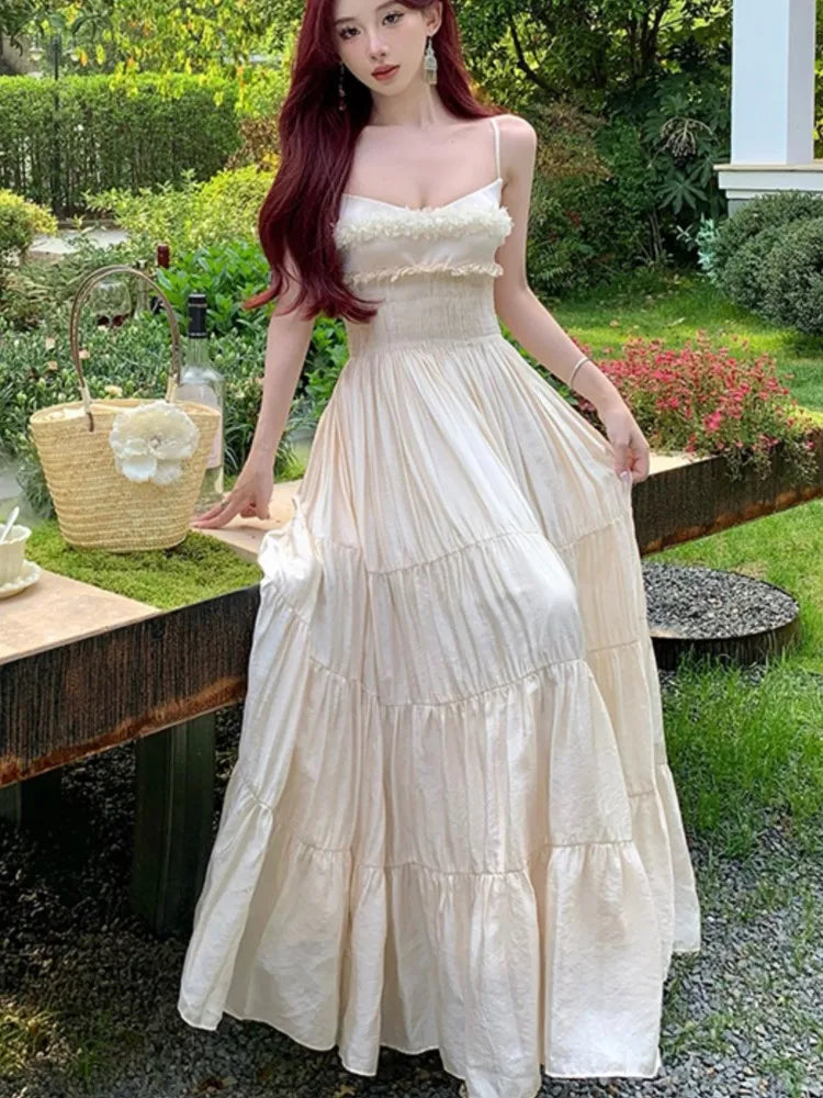 LBSFY -Elegant Fairy Chic Pleated Dresses Korean Patchwork Slim Waist A Line Sling Dress Women Princess Evening Vestidos Female Robe