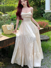 LBSFY -Elegant Fairy Chic Pleated Dresses Korean Patchwork Slim Waist A Line Sling Dress Women Princess Evening Vestidos Female Robe