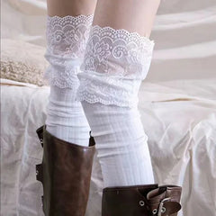 Lbsfy Boot Socks Autumn/Winter Solid Color Thigh High Lace Cute Lolita Thick Warm Stockings Sexy Black White Long Leg Socks for Women