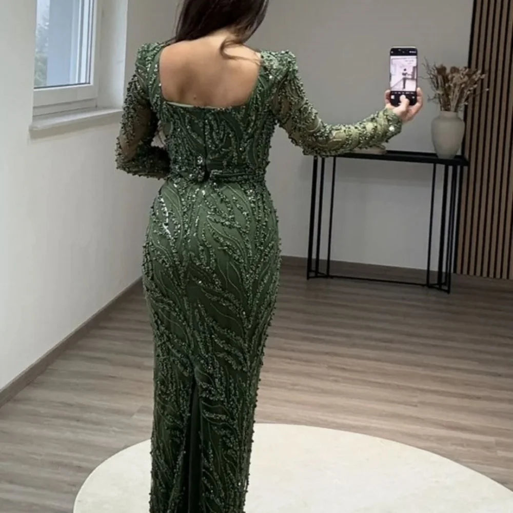 LBSFY  -Green Beaded Square Collar Wedding Dress Long Sleeves vestidos de noche Ankle
