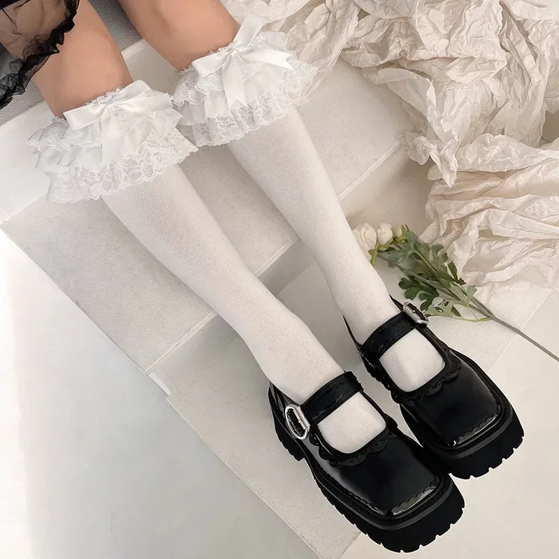 Lbsfy JK Lolita Women Stockings Y2k Girls Ruffle Long Socks Stockings Japanese Style Kawaii Bowknot Cute Lacework Knee Socks Stockings