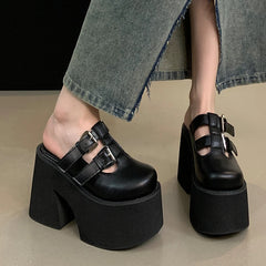 LBSFY -Black Chunky Heeled Slippers Women Platform Wedge Heels 11cm Punk Rivet Close Toe Summer Shoes Size 34-42 Femme Footwear