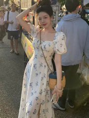LBSFY -Women's French Print Dresses Casual New Elegant Vintage Square-Collar Floral A-Line Slim Puff-Sleeve Dress Holiday Summer Chic