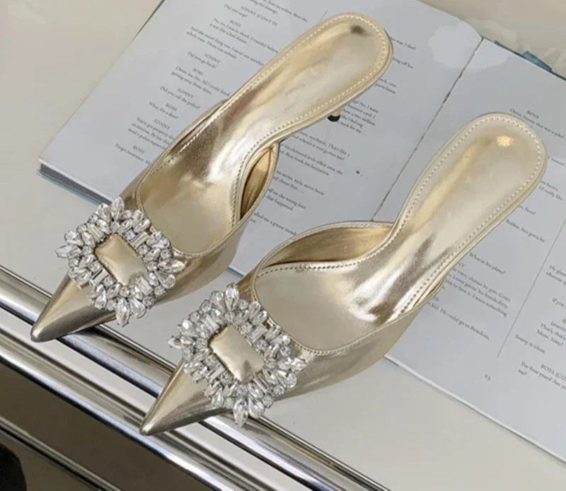 LBSFY - Fashion Crystal Thin Heels Mules Women Slippers Elegant Pointed Toe Banquet Party Prom Ladies Shoes