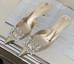 LBSFY - Fashion Crystal Thin Heels Mules Women Slippers Elegant Pointed Toe Banquet Party Prom Ladies Shoes