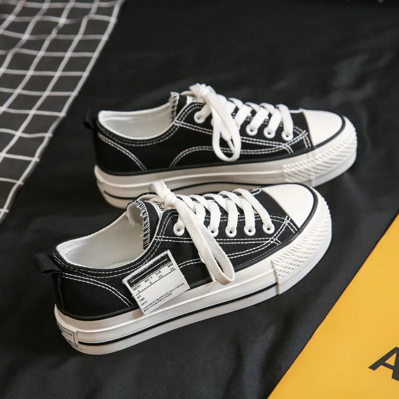 LBSFY -Solid Color Low Cut Korean Style Casual Thick Soled Canvas Shoes for Women Versatile Thick Soled Shoes for Heightening