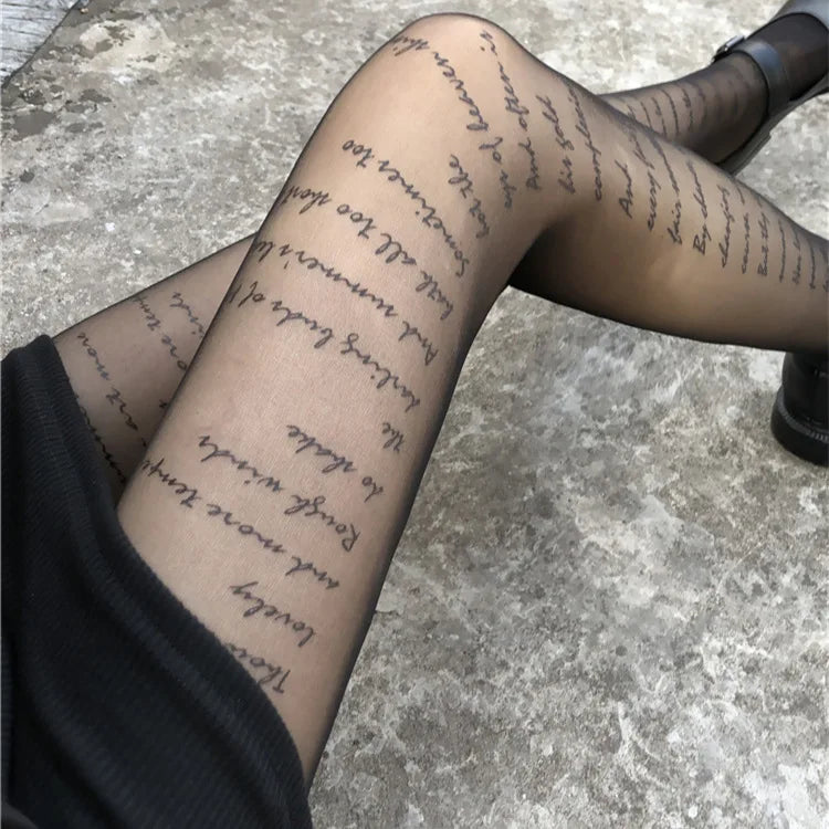 Lbsfy Women Japanese Letter Stockings Nightclub Party Accessories JK Sexy Diamonds Fishnet Underwear Pantyhose Printed Designer Tights