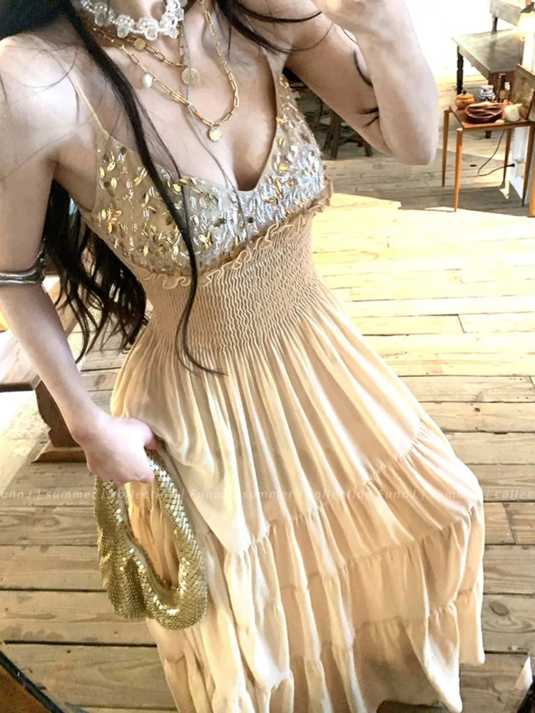 LBSFY -Y2K Elegant French Fashion Women's Evening Dresses Sequin Vintage V-Neck Backless Sexy Slim Midi Dress Prom Female Clothes New