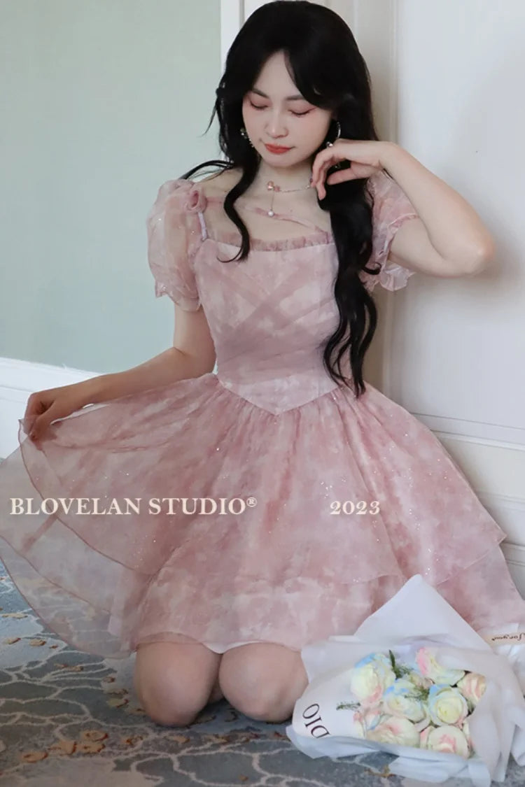 LBSFY -Korean Sweet Lace-up Mini Dress Elegant Print Puff Sleeve Ball Gown Birthday Party Short Dresses Summer Spring Princess Vestidos