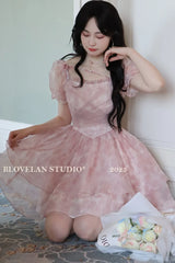 LBSFY -Korean Sweet Lace-up Mini Dress Elegant Print Puff Sleeve Ball Gown Birthday Party Short Dresses Summer Spring Princess Vestidos