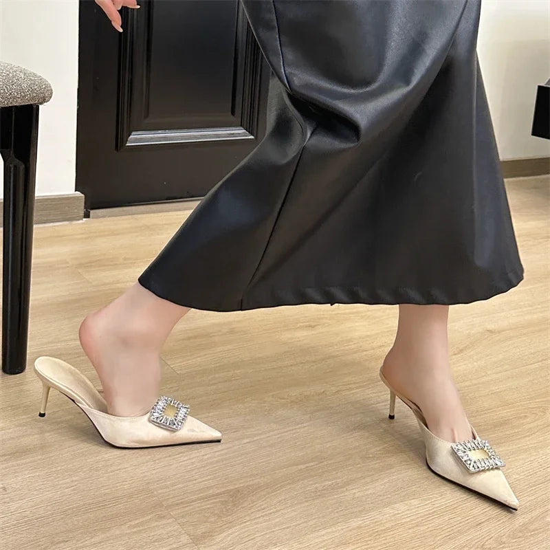 LBSFY -Spring Pointed Toe Crystal Buckle Mules Slippers Women Fashion Thin Heels Casual Party Shoes Zapatos De Mujer