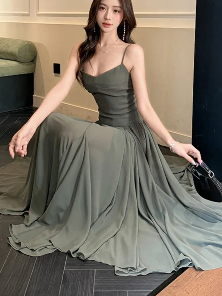 LBSFY -2025 Summer Office Lady Women's Dresses New Elegant V-Neck Slim Waist Pleated A-Line Long Sling Dress Holiday Casual Vestidos