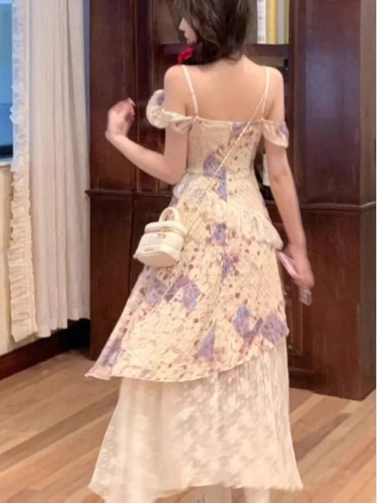 LBSFY -Chic Elegant Print Patchwork Women's Dresses Summer Ruffles Mesh Square-Collar Lace Up Flying Sleeves Dress Holiday Casual New