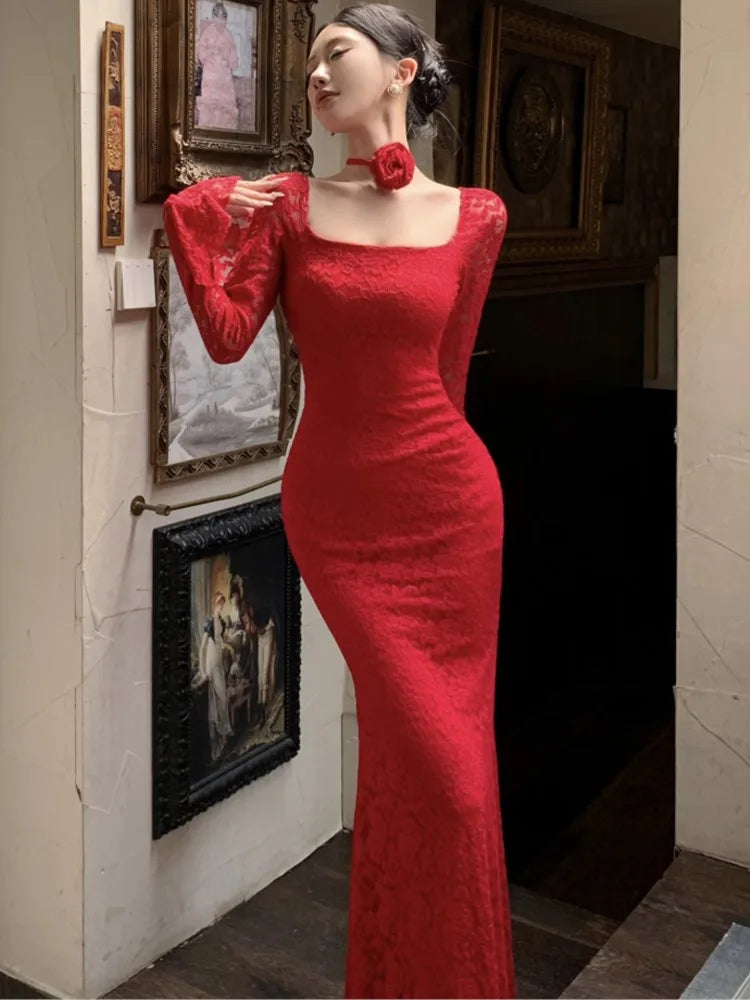 LBSFY -Elegant Tie Flowers Solid Evening Dresses Square Collar Flare Sleeve Lace Mermaid Long Dress Slim Party Vestidos Women's Clothes