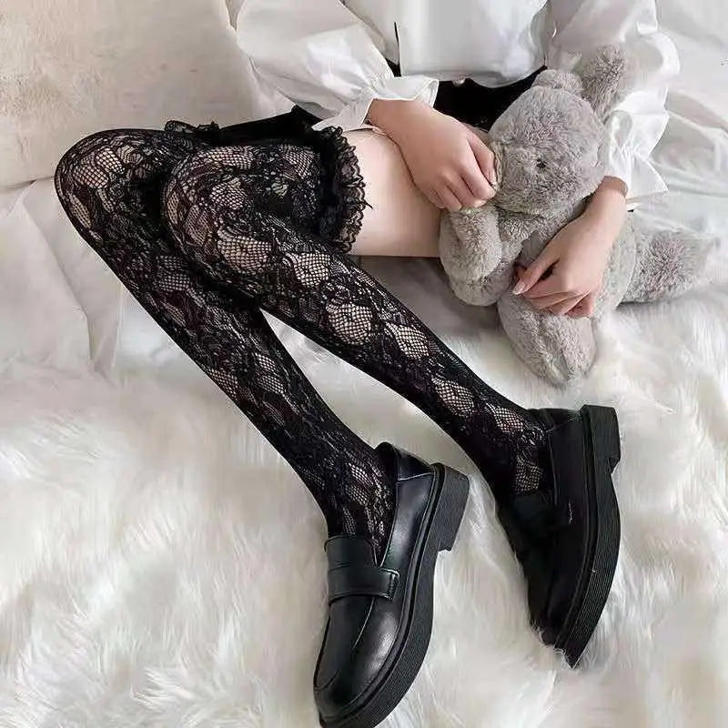 Lbsfy Stockings Woman Summer Thin Lace Hollow White Thigh High Lolita Socks for Women JK Cute Black Long Stockings