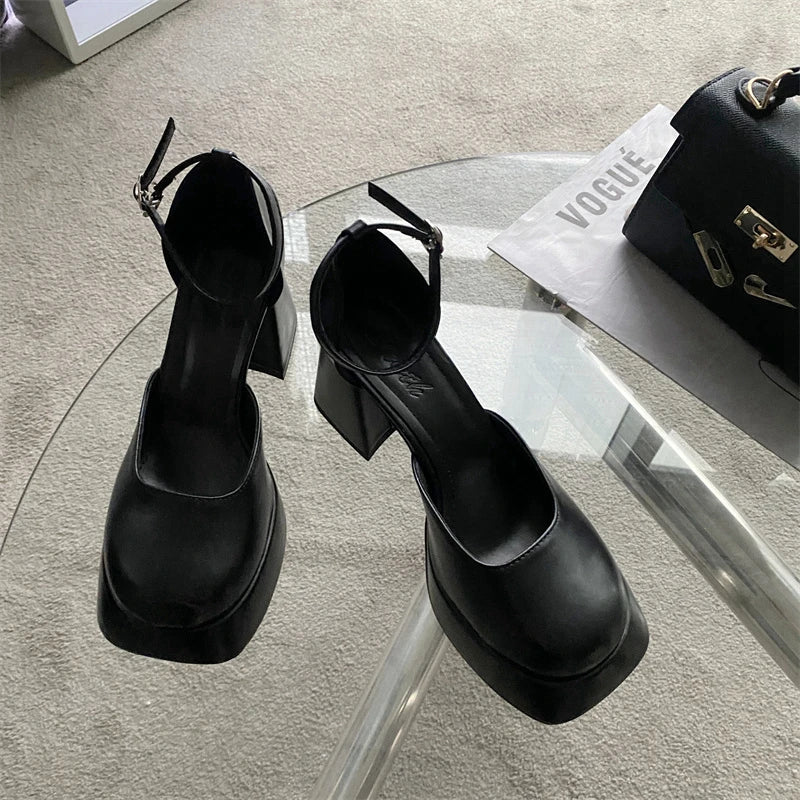 LBSFY  -   Spring New Brand Women Sandal Shoes Fashion Round Toe Close Toe Ankel Strap Mules Square High heel Dress Pumps