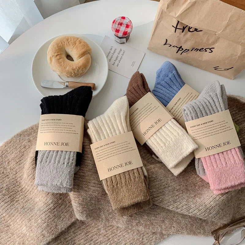 Lbsfy Cashmere Mid-calf Socks Women Korean Style Thickened Japanese Thermal Insulation Retro Wool Long Socks Autumn Winter
