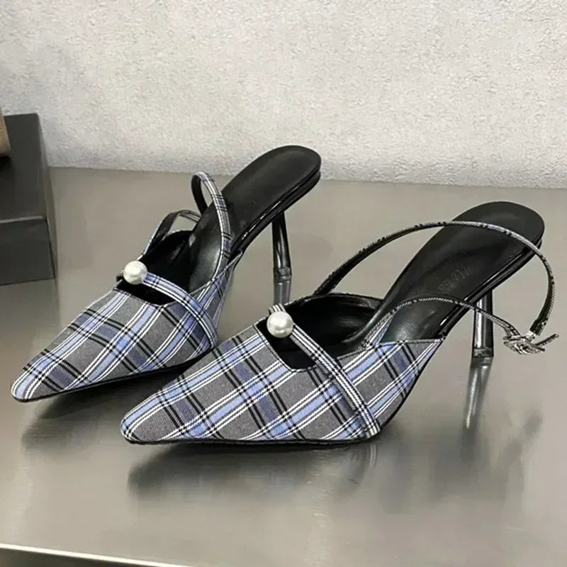 Lbsfy Pointed Toe Retro Plaid High Heels Women Elegant Slingbacks Shoes Women Pumps Sexy Office Fashion Dress Shoes Sandalias De Mujer