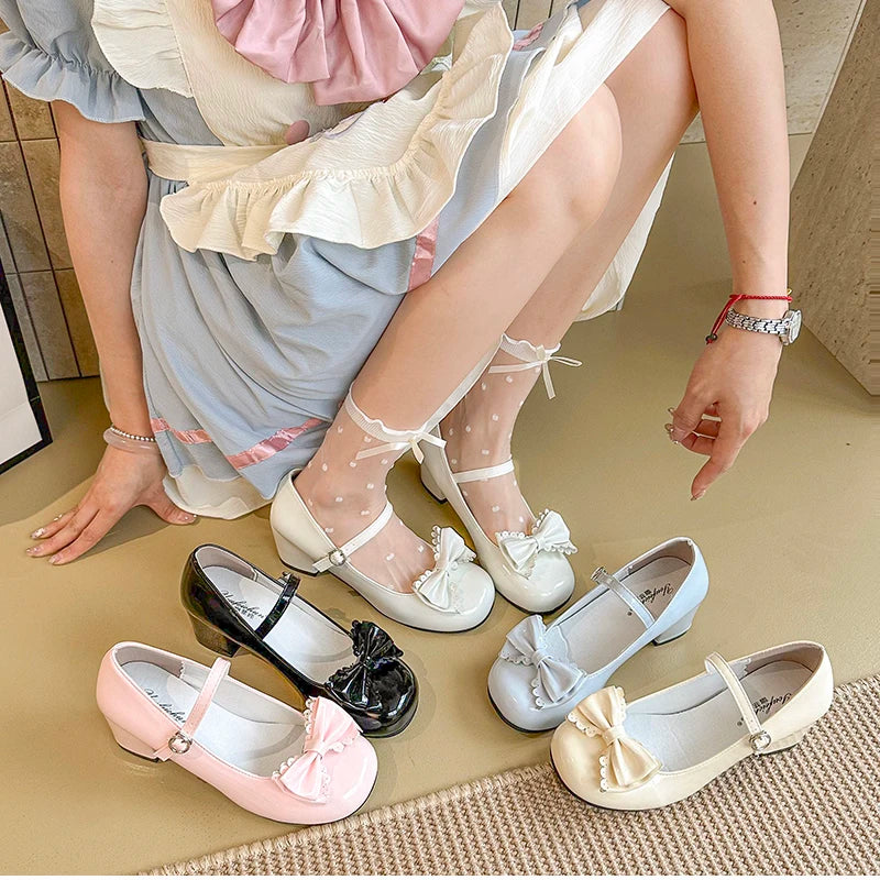 LBSFY -Cute Butterfly-knot Women Lolita Mary Jane Shoes Concise Thick Heel Leather Shoes Ladies Shallow Pumps