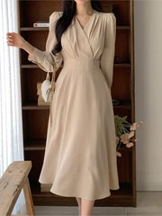LBSFY -Korean Solid Midi Dresses for Women Fashion V-neck Long Sleeve A-line Solid Casual Dress Office Lady Clothing 2024 Autumn New