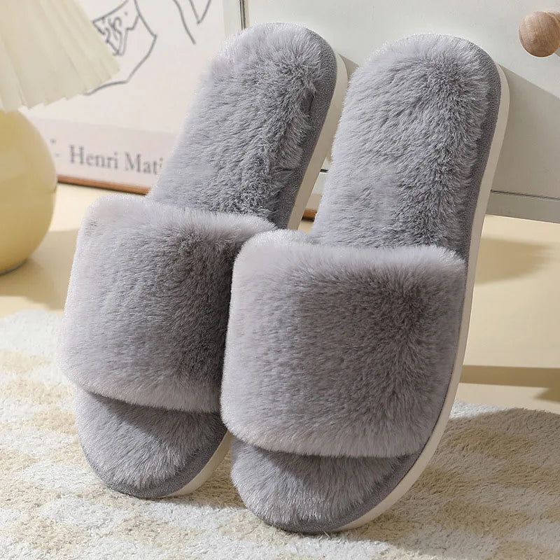 LBSFY  -  Fashion Cross Strap Fur Slippers Women Comfort Soft Long Plush Winter House Slides Woman Peep Toe Faux Fur Warm Cotton Slippers