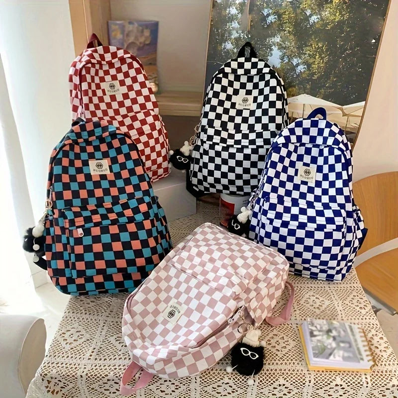 LBSFY -Leisure Backpack Korean Version Checkered Contrasting Color Design, Daily Same Class Backpack, Casual Simple Middle and High Sch