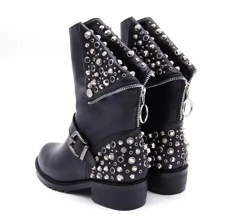 LBSFY  -  Punk Girls Black Matte Leather Round Toe Crystal Rhinestone Rivet Zipper Back Buckle Med Heels Mid-calf Boots Women Short Boots