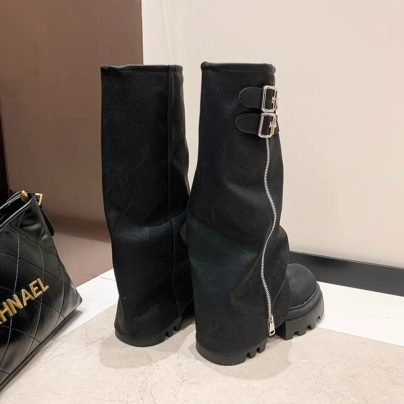 LBSFY -Designer Thick Soled Boots Western Knight Boots Long Tube Boots for Women in Autumn and Winter, Knee Length Slim High Tube Boot