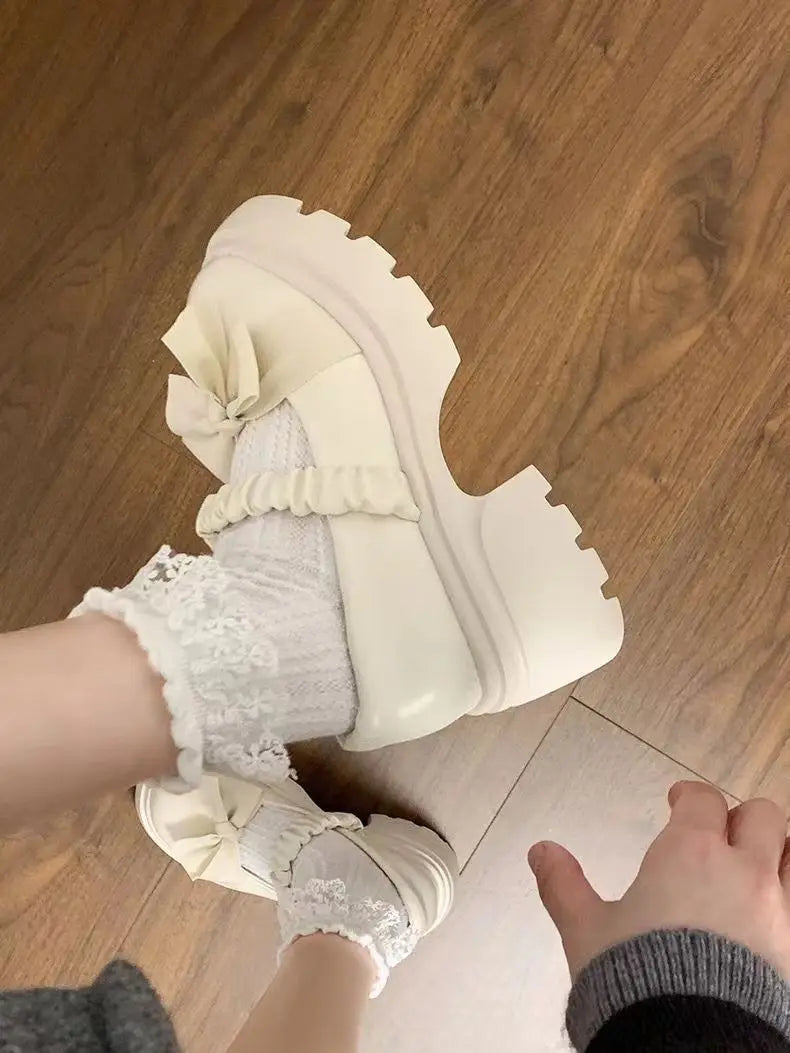 LBSFY -Japanese Style bowknot JK Thick Heel Mary Jane Women's Shoes Summer Vintage French Slip-On PU Leather Chunky Cosplay Pumps