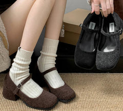 LBSFY  -  Designer Spring Square Toe Women Lamb Wool Mary Jane Shoes Fashion Shallow Thick Heel Shoes Concise Outdoor Lady Shoes