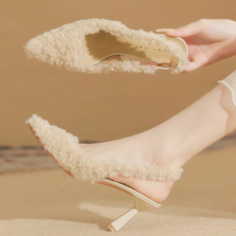 LBSFY  -  Black Fur Slingback Pumps Sandals Women Fashion Pointed Toe Shallow Slip-on Plush Pumps Ladies Elegant Evening Party Heel Shoes