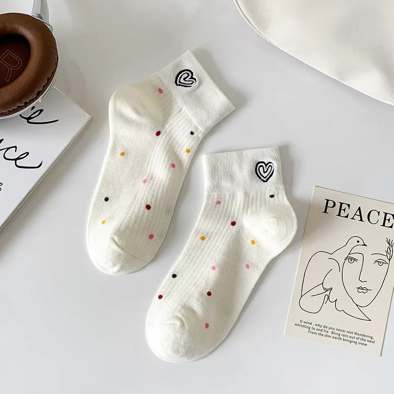 Lbsfy Women's Short Socks Spring Summer Love Cherry Embroidered Casual Cotton Low Tube Ruffle White Black Cute Kawaii Girl Cotton Sock
