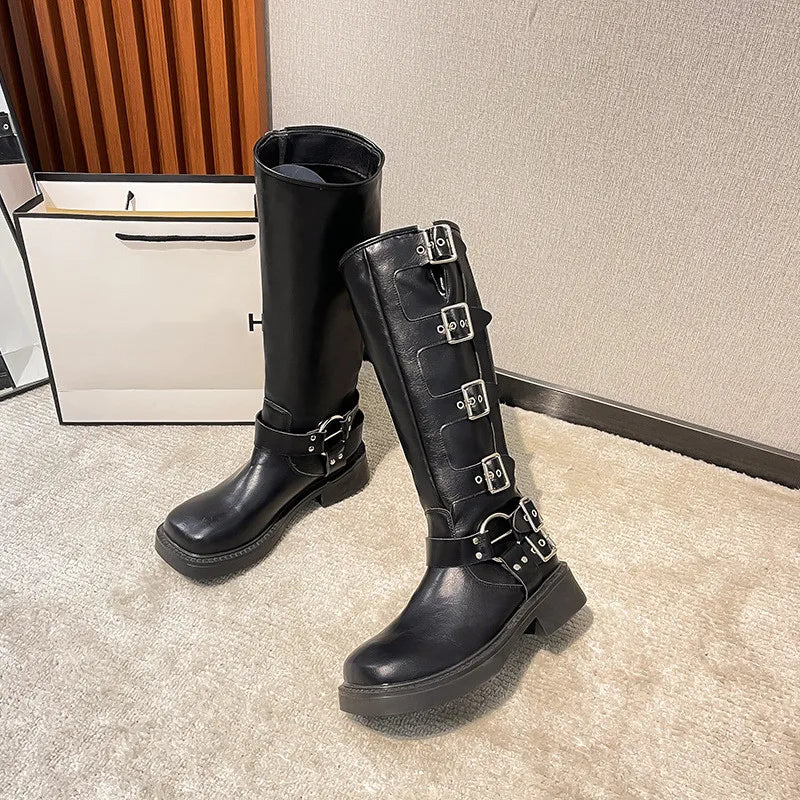 LBSFY  -  Ins style Fashion Metal Buckle Real Leather Women Motorcycle Boots Vintage Autumn Winter Gothic Platform Knee-high Boots Shoes