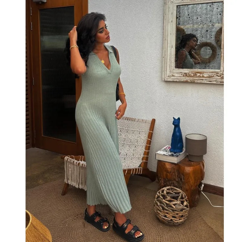 LBSFY -fit V-neck sleeveless long dress turn down collar tight green knitting summer dress simple casual female clothing