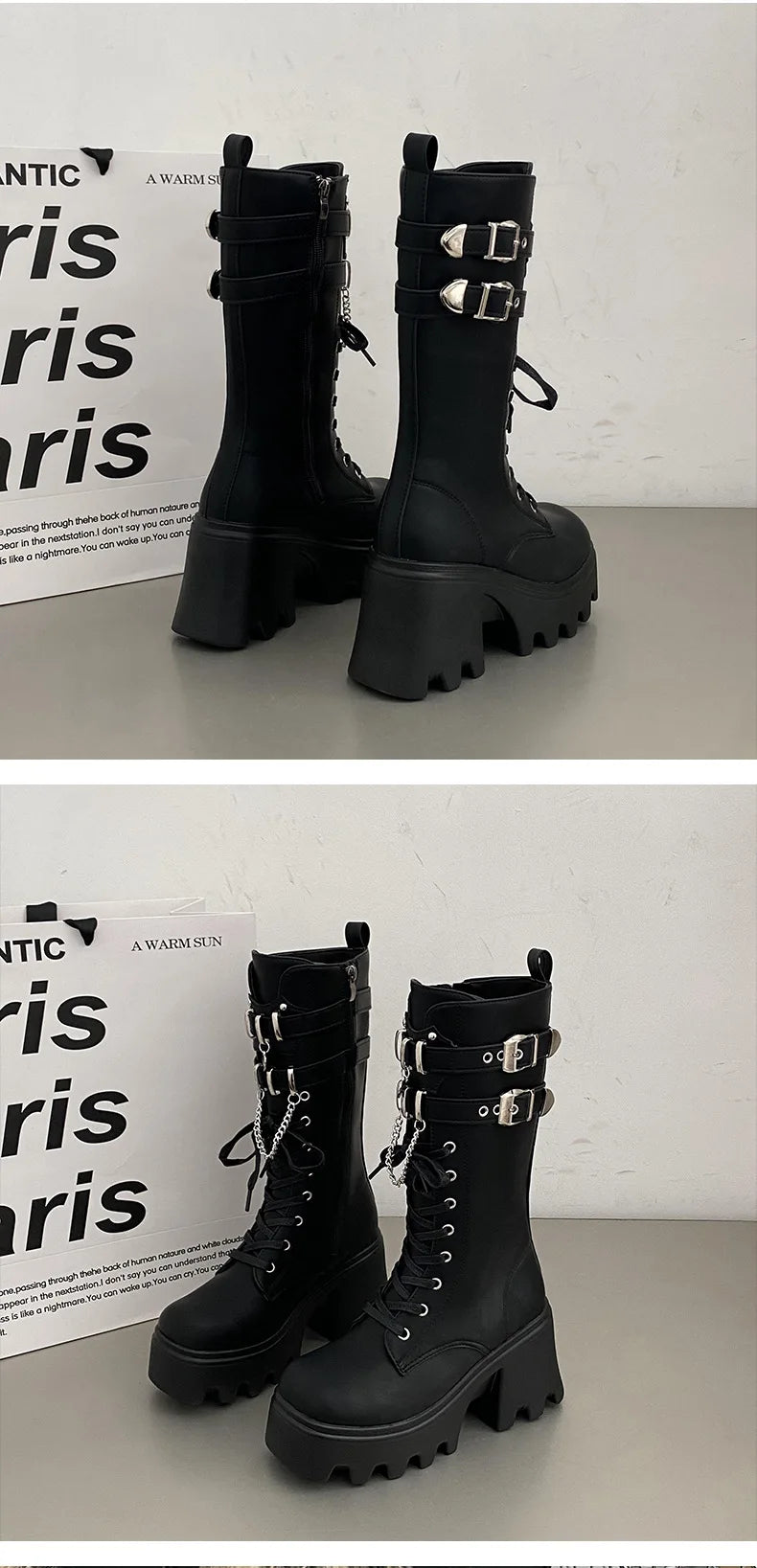 LBSFY -Women's Punk Gothic Boots 2025 Fashion Buckle Chain High Heels Mid Calf Boots Women Black Pu Leather Plus Size 42 Autumn Botas