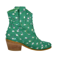 LBSFY  -  Women Pointed Toe Green Colorful Sequins Chunky Heel Female Handmade Western Ankle Boots