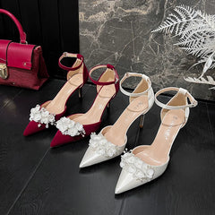 LBSFY  -  New satin white hollow straight line with flower wedding high heels, Xiuhe wedding dress, two pairs of bride's shoes