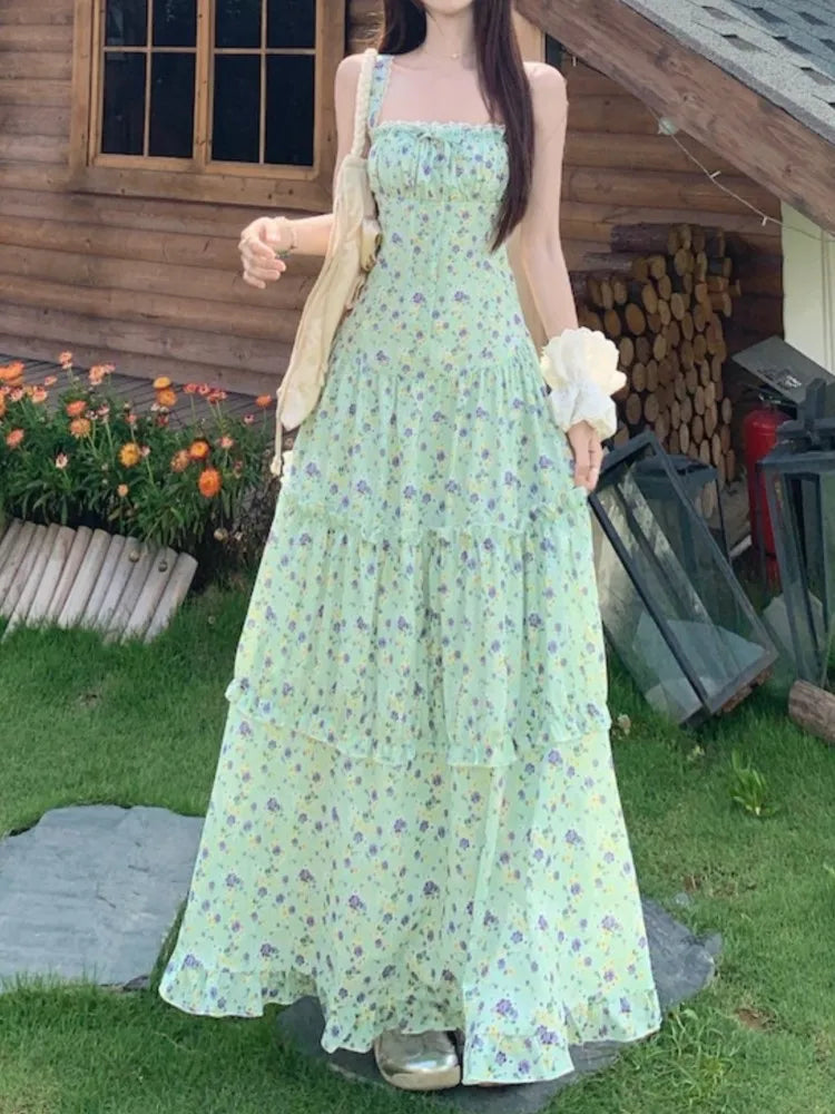 LBSFY -Vintage Elegant Floral Women's Summer Dresses Fashion Lace Up Patchwork Spaghetti Strap Long Dress Bohemain Romantic Vestidos