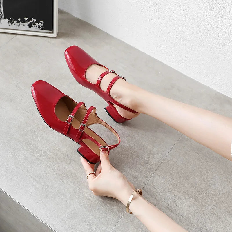 LBSFY  -  3cm New Fashion Square Toe Low Heels Pumps Patent Leather Wrap Burgundy Shoes for Women 39 40