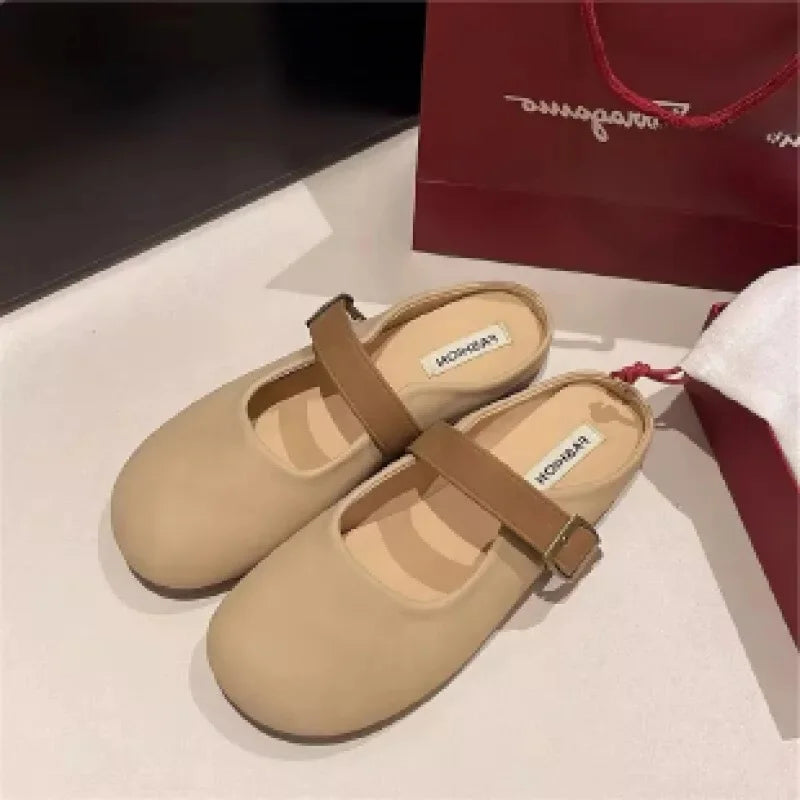 LBSFY -Soft Bottom Flat Bottom Mules Women's Slippers Spring Summer New French Style Padded Head Slip on Outdoor Rubber Heel Shoes