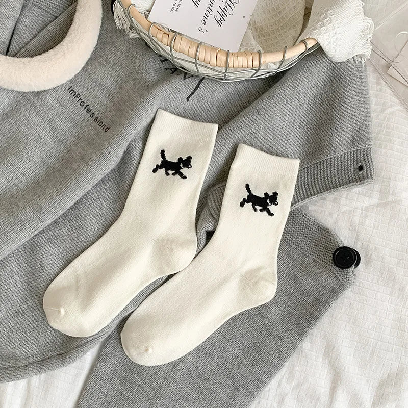 Lbsfy Women's High-quality Combed Cotton Socks Cartoon Pattern Funny Cat Puppy Cute Fashion Striped Mid-calf Socks