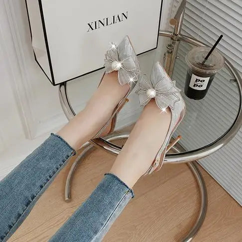 LBSFY  -  6cm New Fashion Sandals Sequins Pointed Toe with Pearl Bow High Heels Ankle Wrap Wedding Women Shoes 40 41