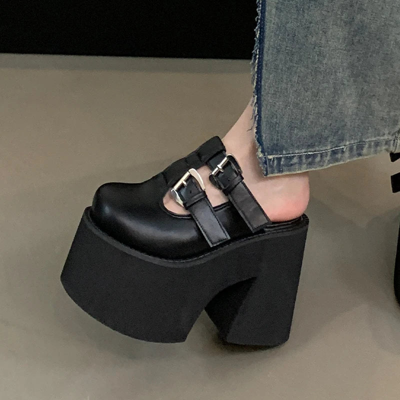 LBSFY -Black Chunky Heeled Slippers Women Platform Wedge Heels 11cm Punk Rivet Close Toe Summer Shoes Size 34-42 Femme Footwear