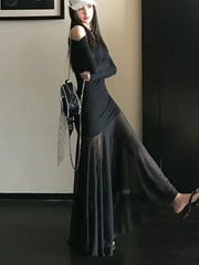 LBSFY -Sexy Vintage Elastic Women's Party Dresses 2025 Spring Autumn Long Sleeve Chic Irregular Slim Waist Slash-Neck Dress Prom Robe