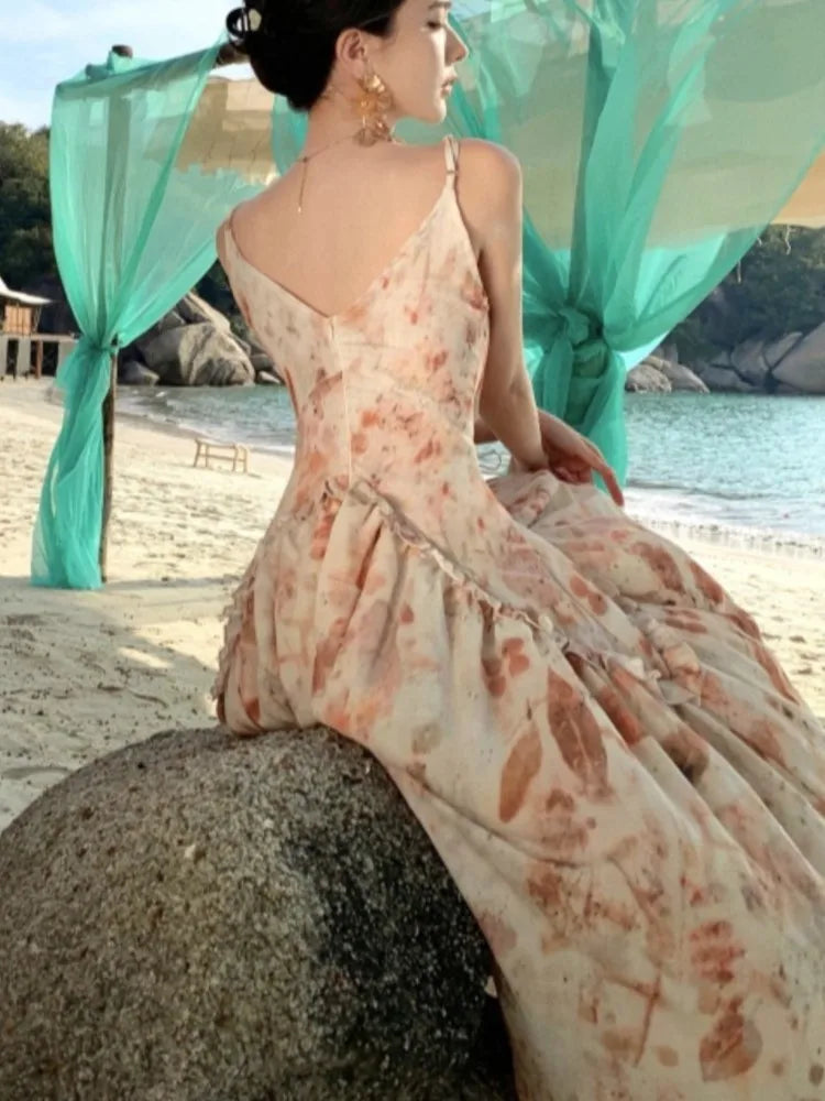 LBSFY -Summer Elegant Vintage Fashion Print Long Women's Dresses 2025 New French Party V-Neck Dress Casual Holiday Beach Fairy Vestidos