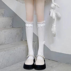 Lbsfy Sweet Ruffle Calf Stockings Women Girls Y2K Bowknot Long Socks Nylon Princess Fishnet Leggings JK Lolita Lace Stripe Hosiery