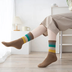 Lbsfy 5 Pairs Women Socks Cotton 1 Set Autumn Winter Middle Tube Breathable Fashion Harajuku Cute Rainbow Stripes Socks Pack Wholesale