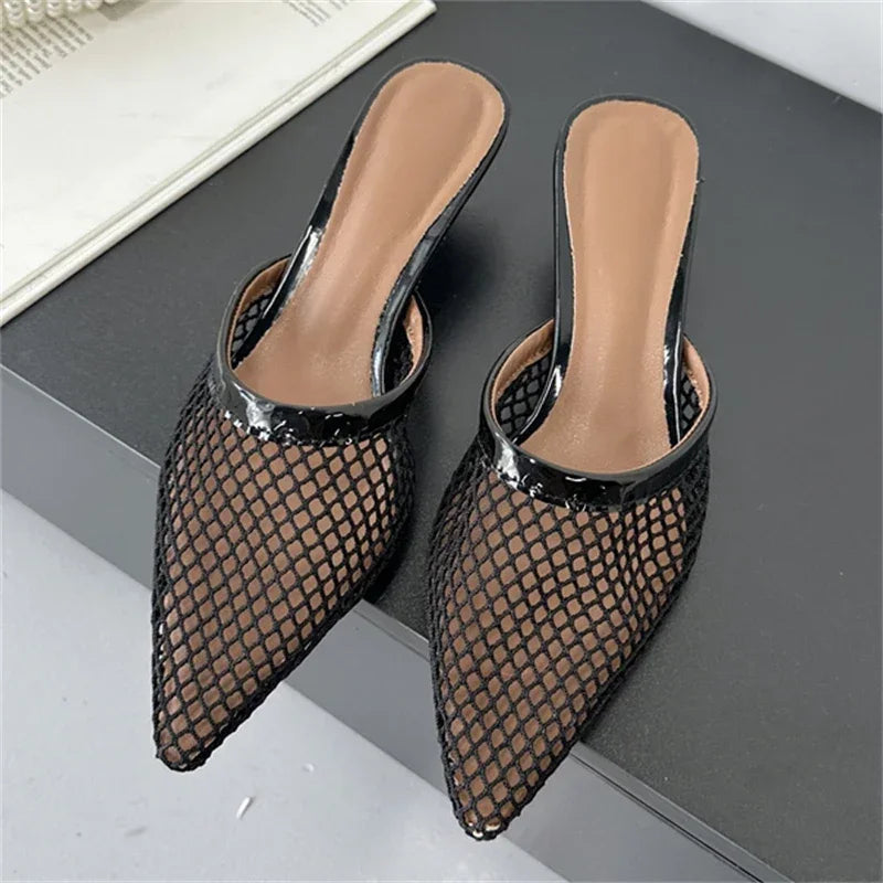 LBSFY -Summer Fashion Hollow Out Mesh Women Slippers Sandals Pointed Toe Thin Low Heels Slingback Mules Shoes Zapatos De Mujer